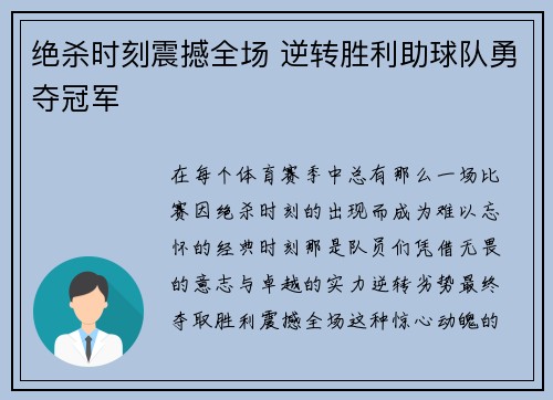 绝杀时刻震撼全场 逆转胜利助球队勇夺冠军